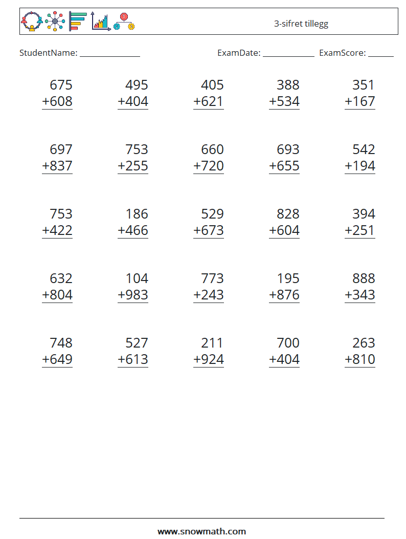 (25) 3-sifret tillegg MathWorksheets 7