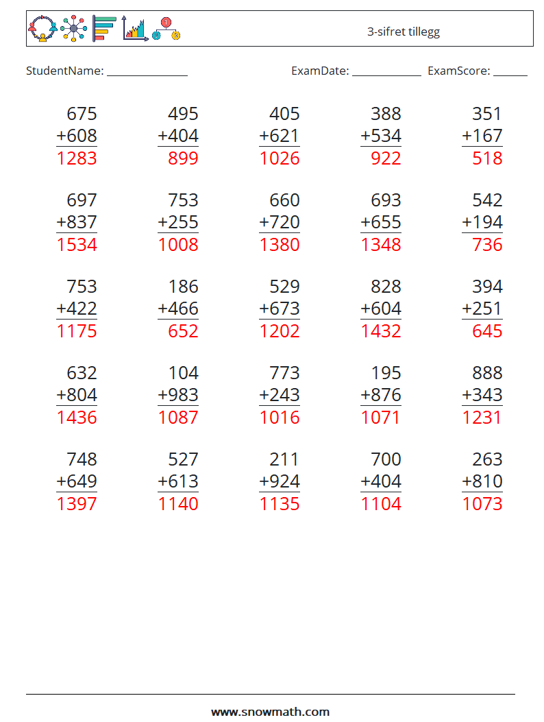 (25) 3-sifret tillegg MathWorksheets 7 QuestionAnswer