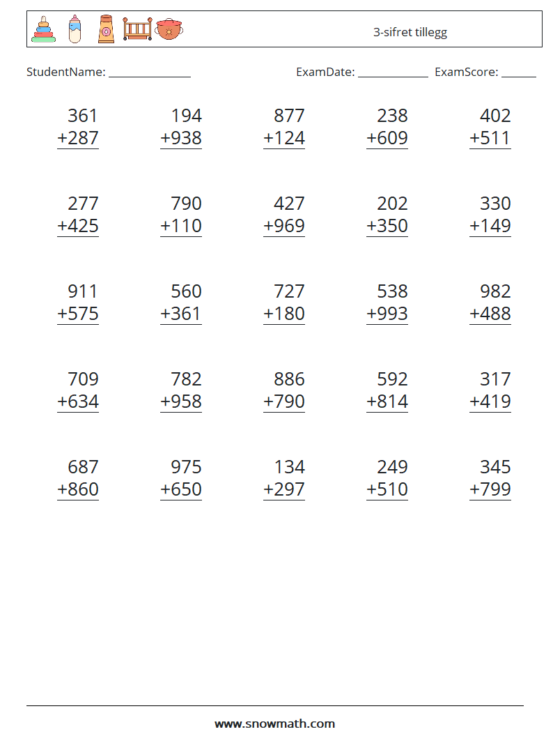 (25) 3-sifret tillegg MathWorksheets 8
