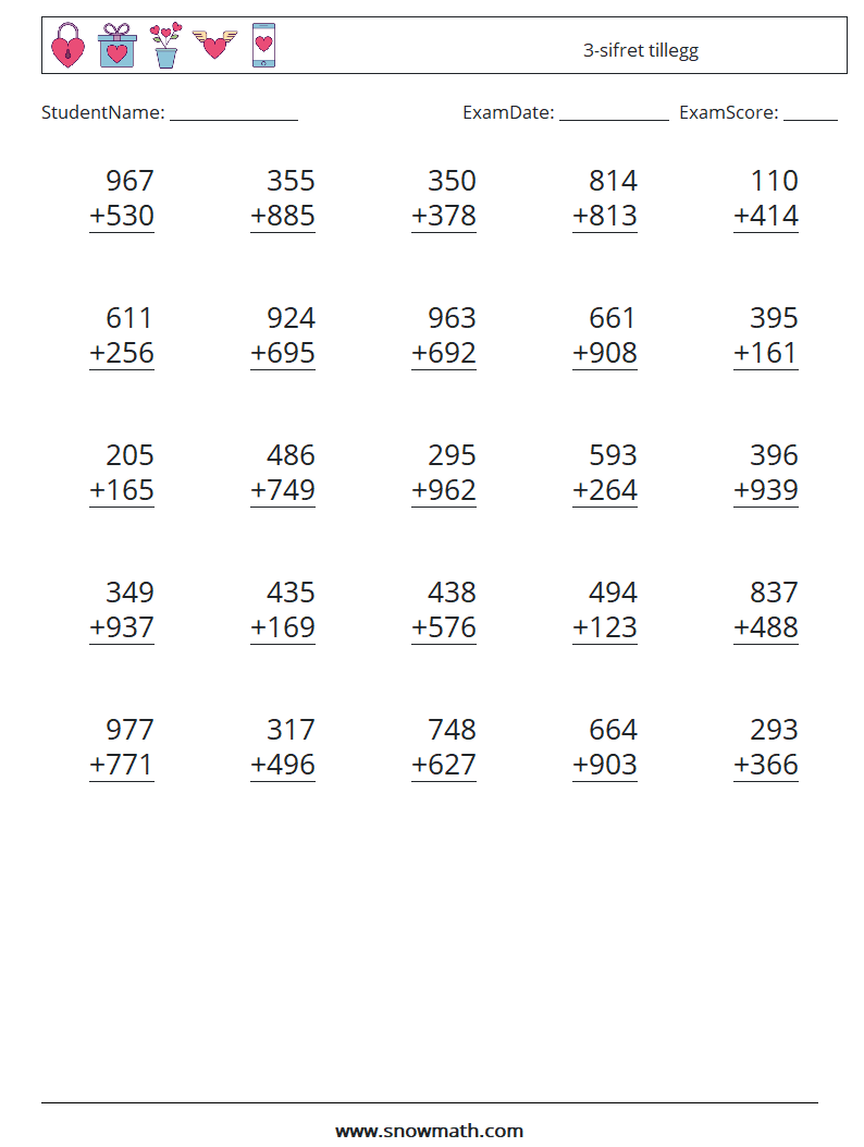 (25) 3-sifret tillegg MathWorksheets 9