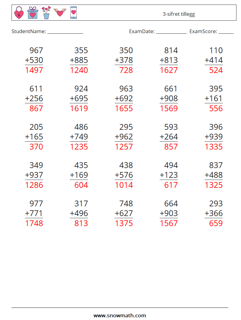 (25) 3-sifret tillegg MathWorksheets 9 QuestionAnswer