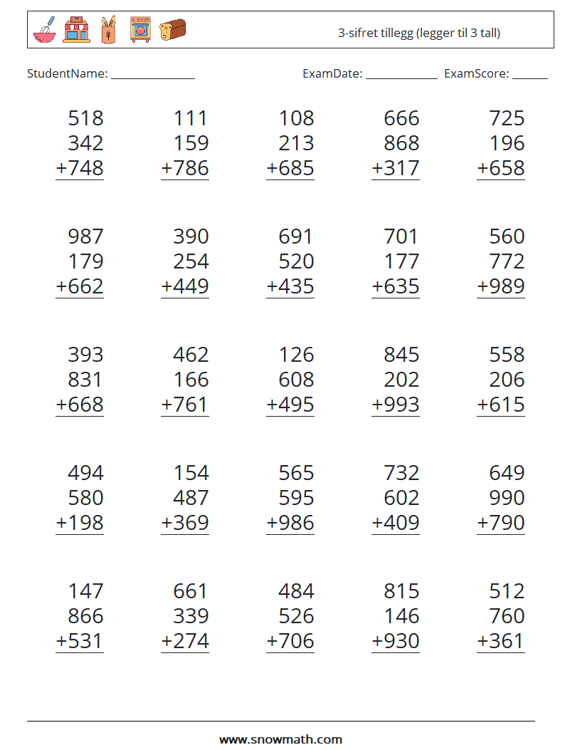 (25) 3-sifret tillegg (legger til 3 tall)