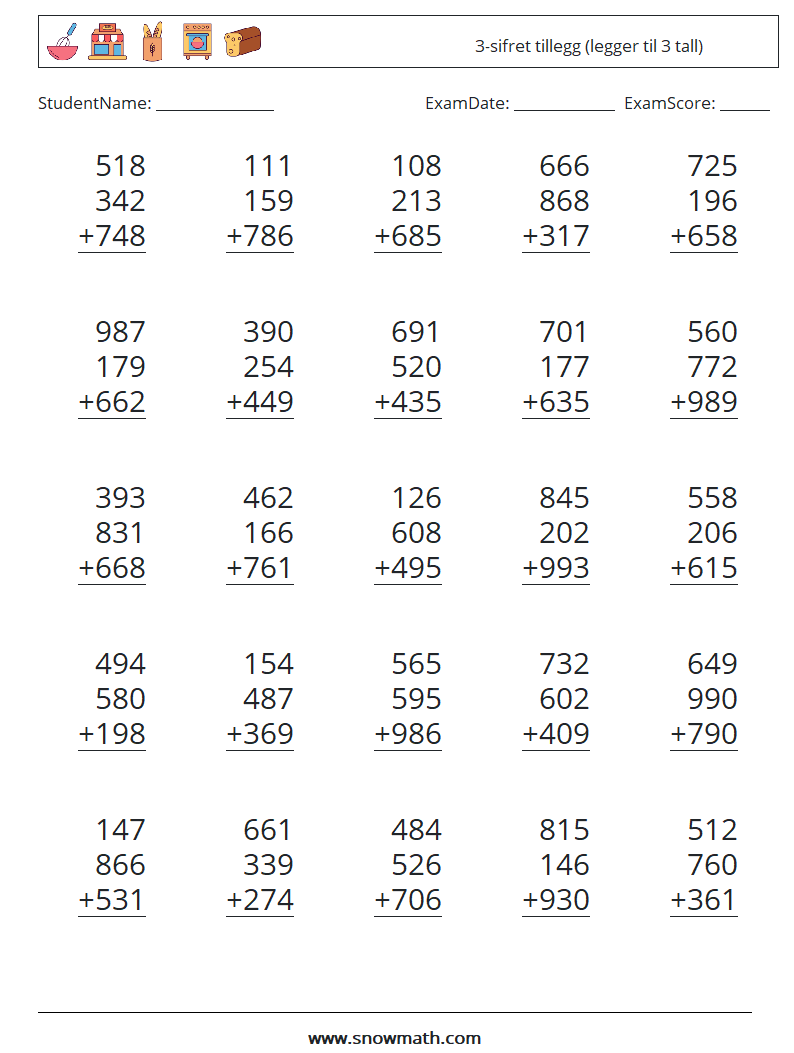 (25) 3-sifret tillegg (legger til 3 tall) MathWorksheets 1