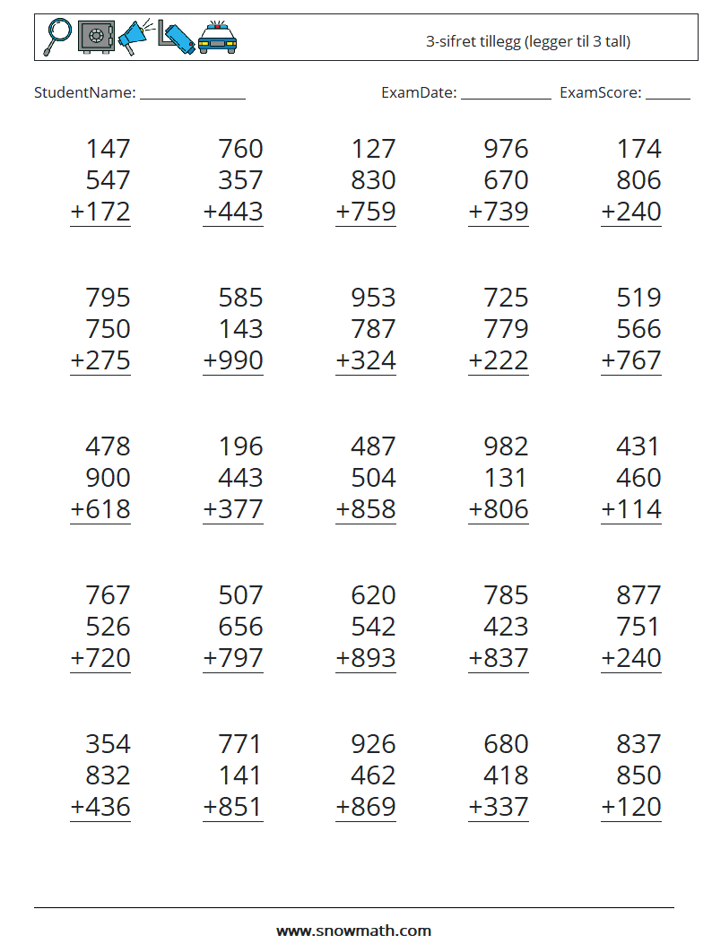 (25) 3-sifret tillegg (legger til 3 tall) MathWorksheets 10