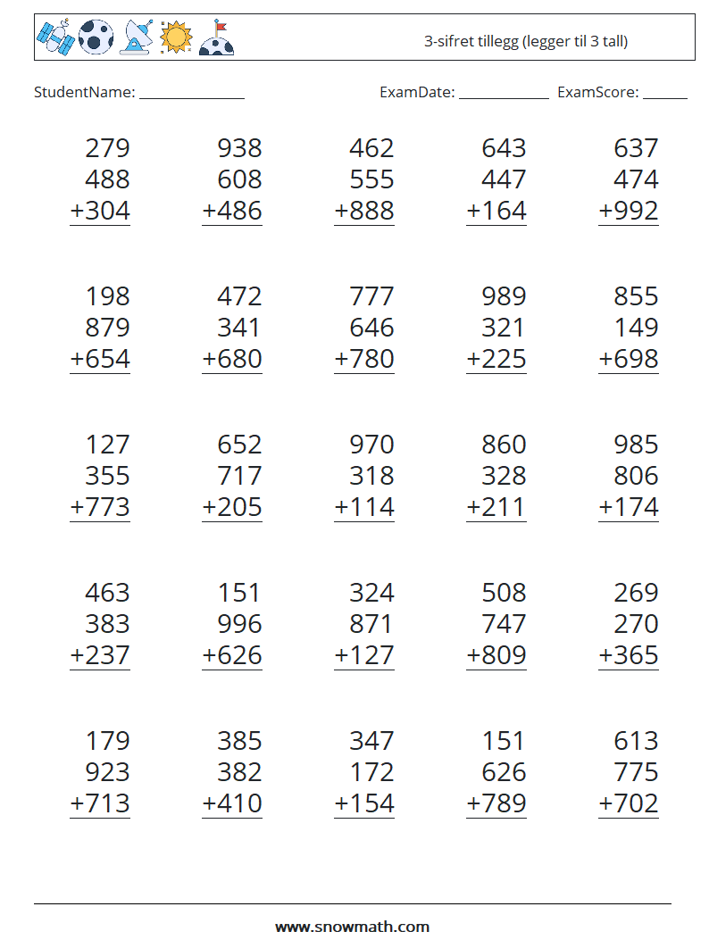 (25) 3-sifret tillegg (legger til 3 tall) MathWorksheets 11
