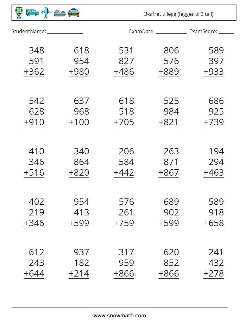 (25) 3-sifret tillegg (legger til 3 tall) MathWorksheets 12