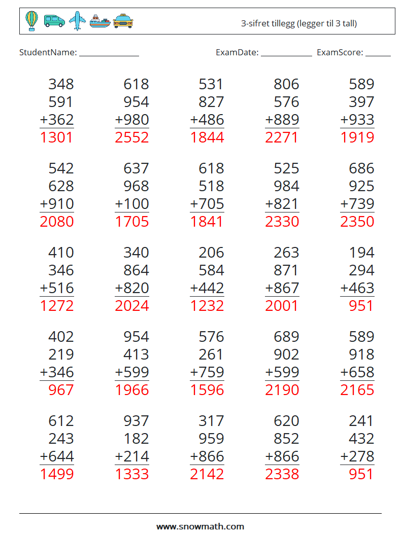 (25) 3-sifret tillegg (legger til 3 tall) MathWorksheets 12 QuestionAnswer
