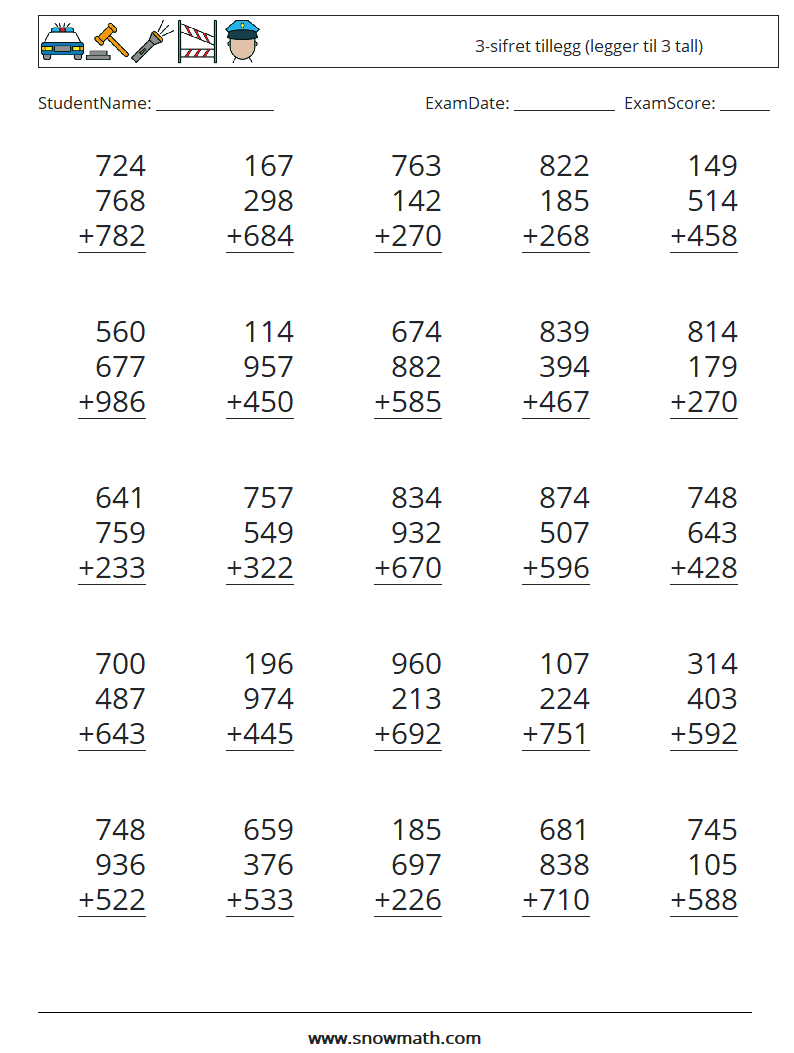 (25) 3-sifret tillegg (legger til 3 tall) MathWorksheets 13