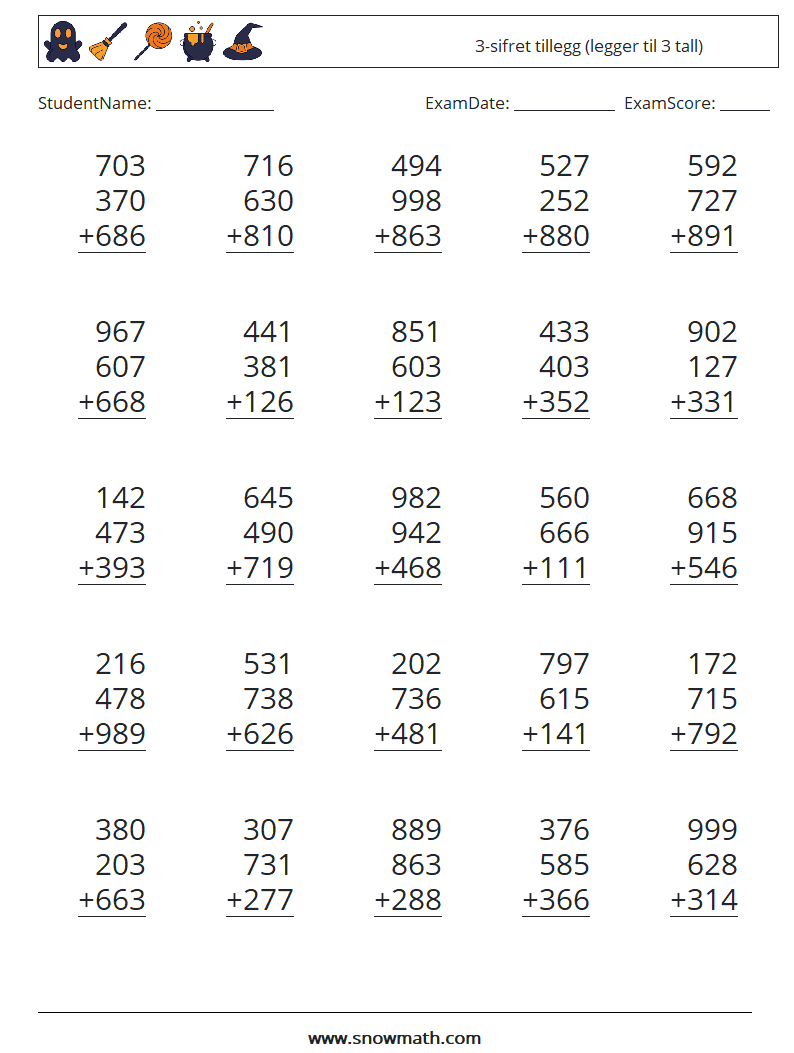 (25) 3-sifret tillegg (legger til 3 tall) MathWorksheets 14