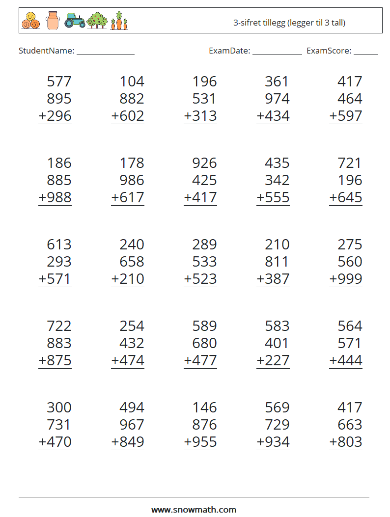 (25) 3-sifret tillegg (legger til 3 tall) MathWorksheets 15