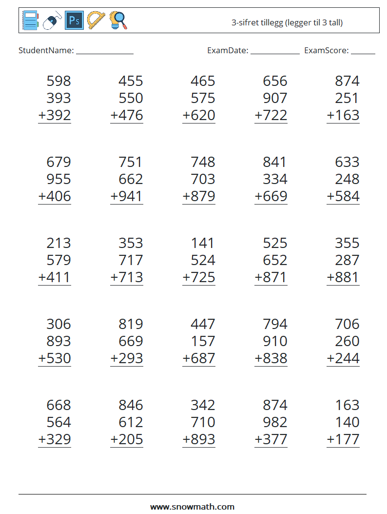 (25) 3-sifret tillegg (legger til 3 tall) MathWorksheets 16