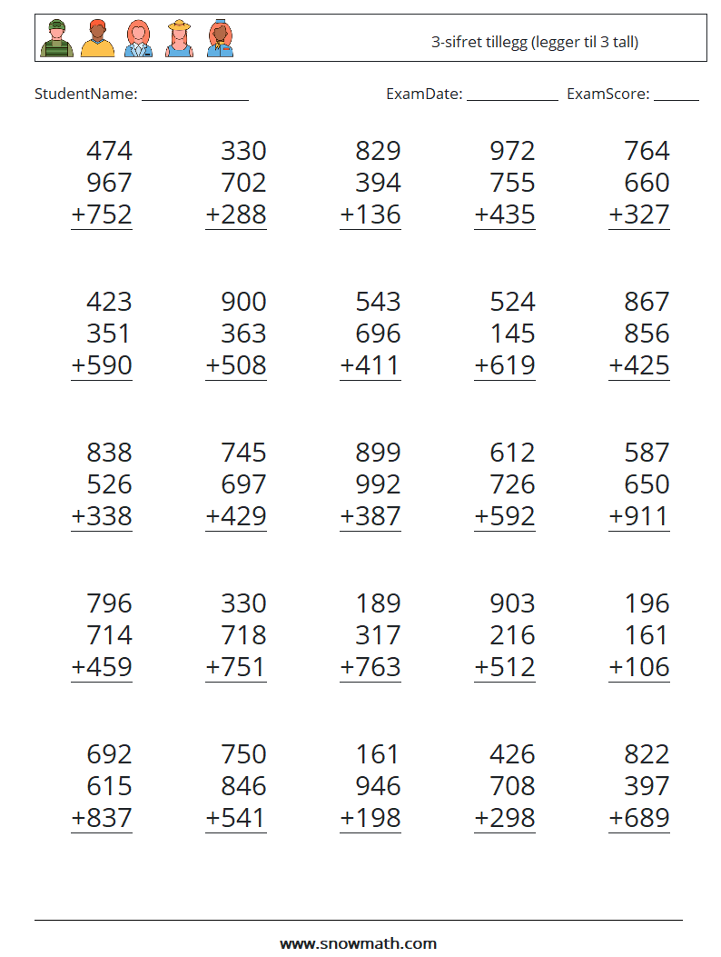 (25) 3-sifret tillegg (legger til 3 tall) MathWorksheets 17