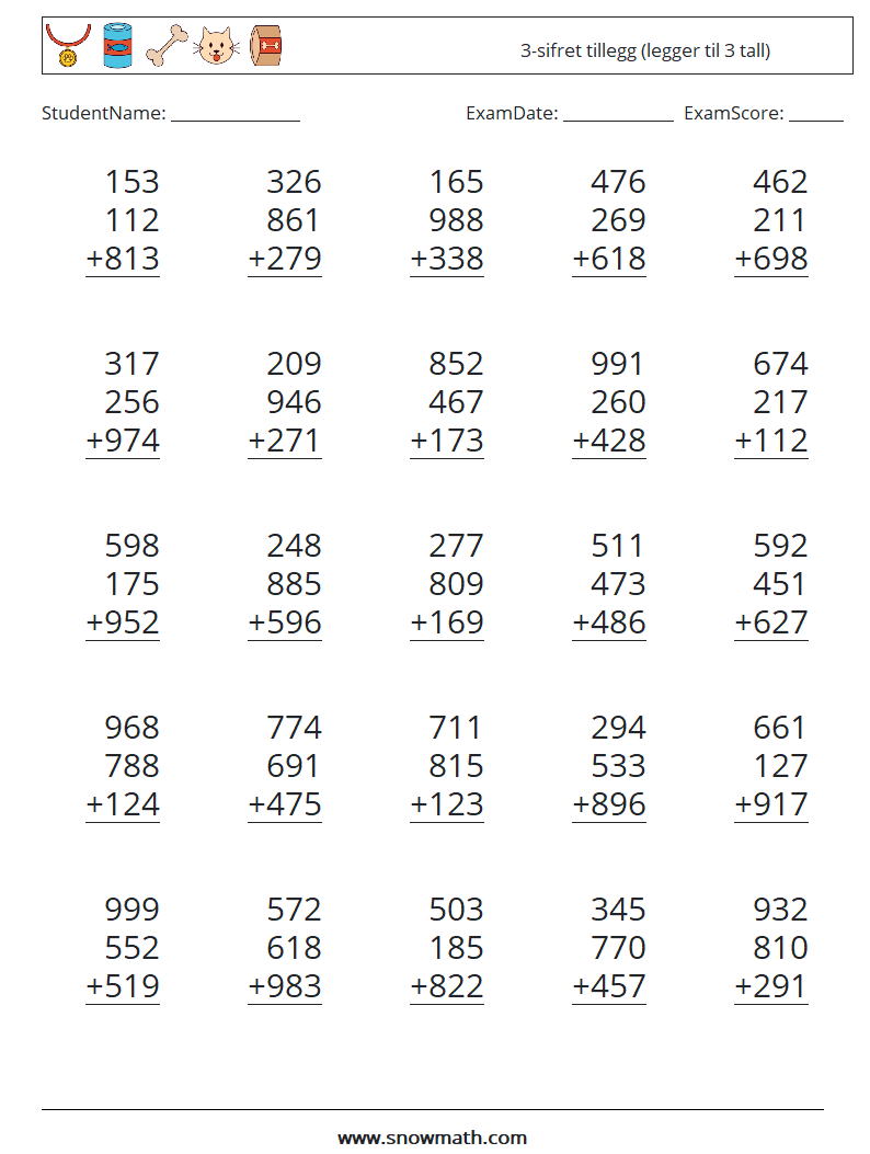 (25) 3-sifret tillegg (legger til 3 tall) MathWorksheets 18
