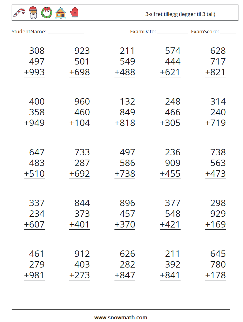 (25) 3-sifret tillegg (legger til 3 tall) MathWorksheets 2