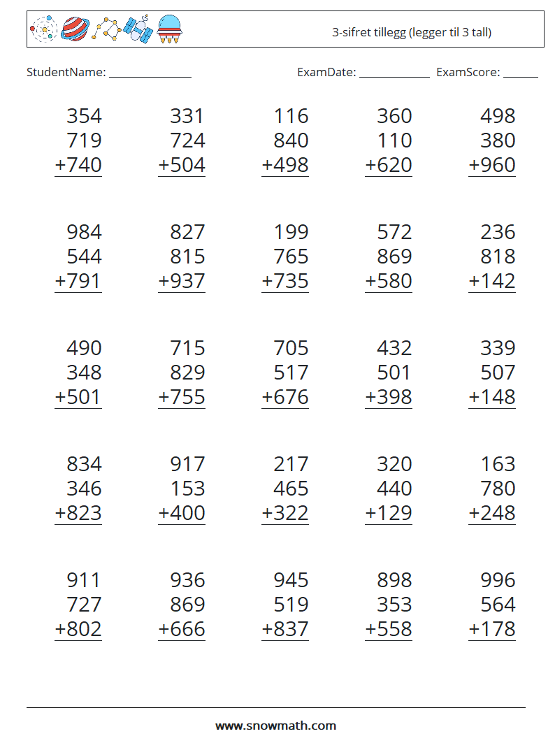(25) 3-sifret tillegg (legger til 3 tall) MathWorksheets 3