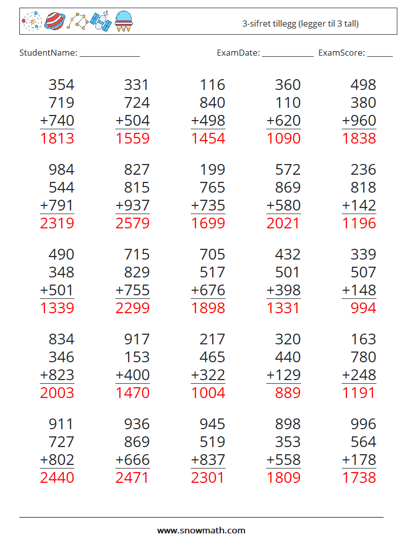 (25) 3-sifret tillegg (legger til 3 tall) MathWorksheets 3 QuestionAnswer