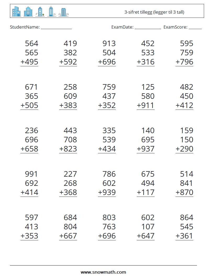 (25) 3-sifret tillegg (legger til 3 tall) MathWorksheets 4