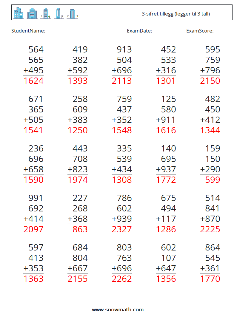 (25) 3-sifret tillegg (legger til 3 tall) MathWorksheets 4 QuestionAnswer