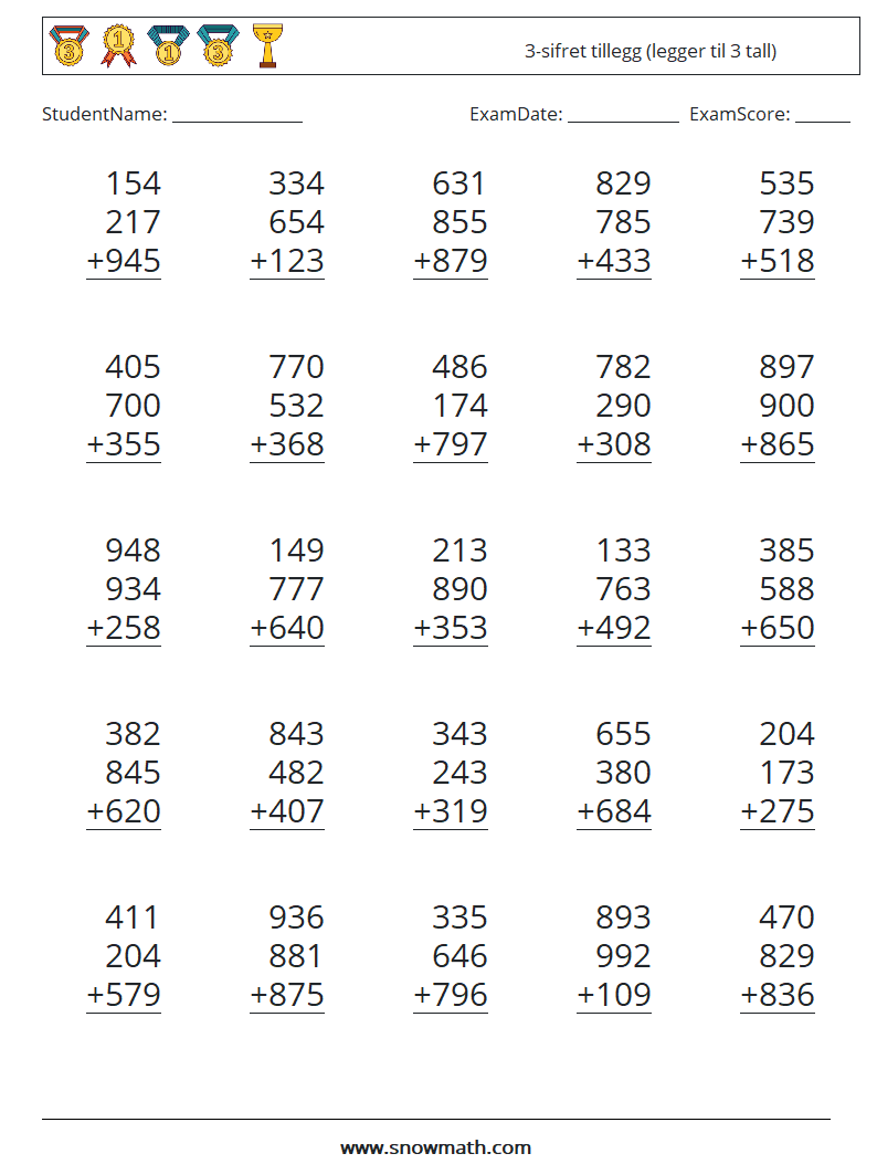 (25) 3-sifret tillegg (legger til 3 tall) MathWorksheets 5