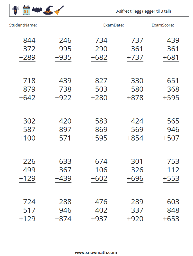 (25) 3-sifret tillegg (legger til 3 tall) MathWorksheets 6