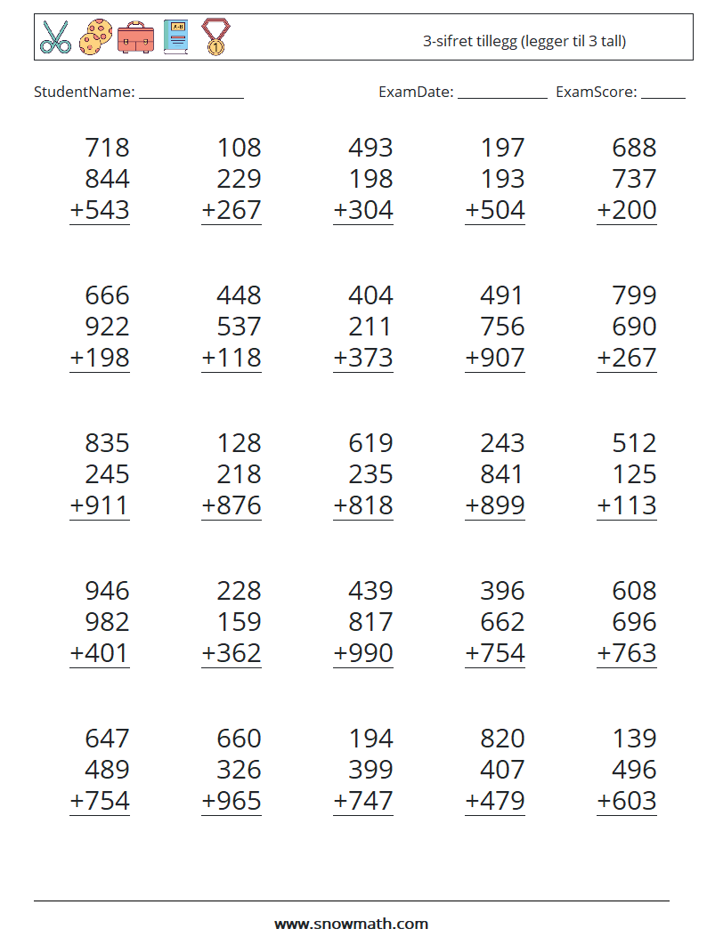 (25) 3-sifret tillegg (legger til 3 tall) MathWorksheets 7