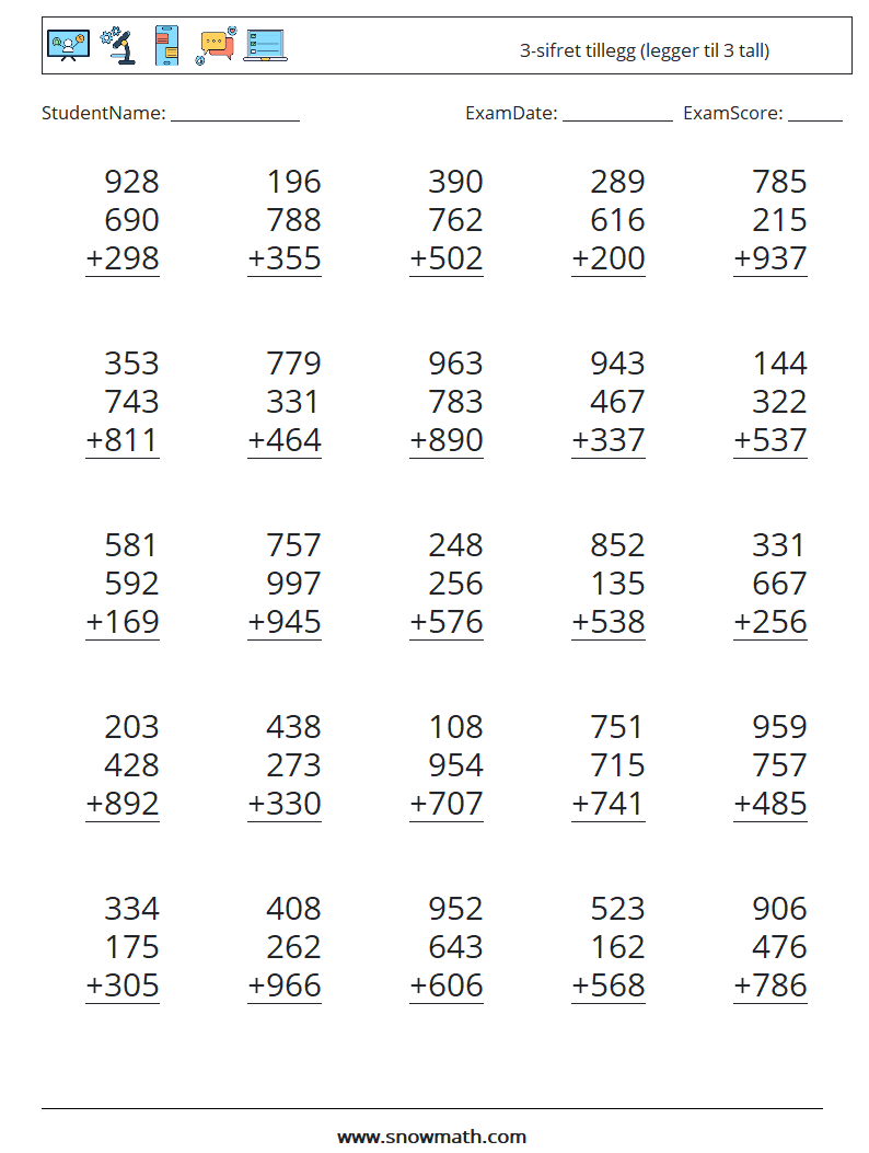 (25) 3-sifret tillegg (legger til 3 tall) MathWorksheets 8