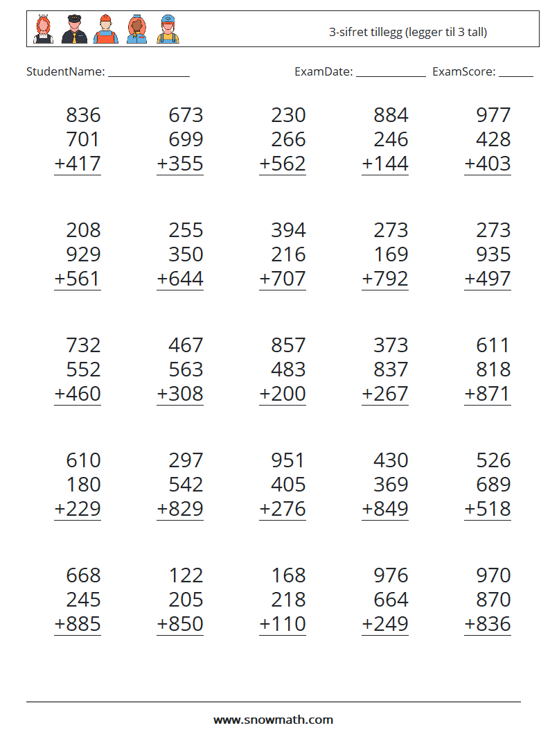 (25) 3-sifret tillegg (legger til 3 tall) MathWorksheets 9