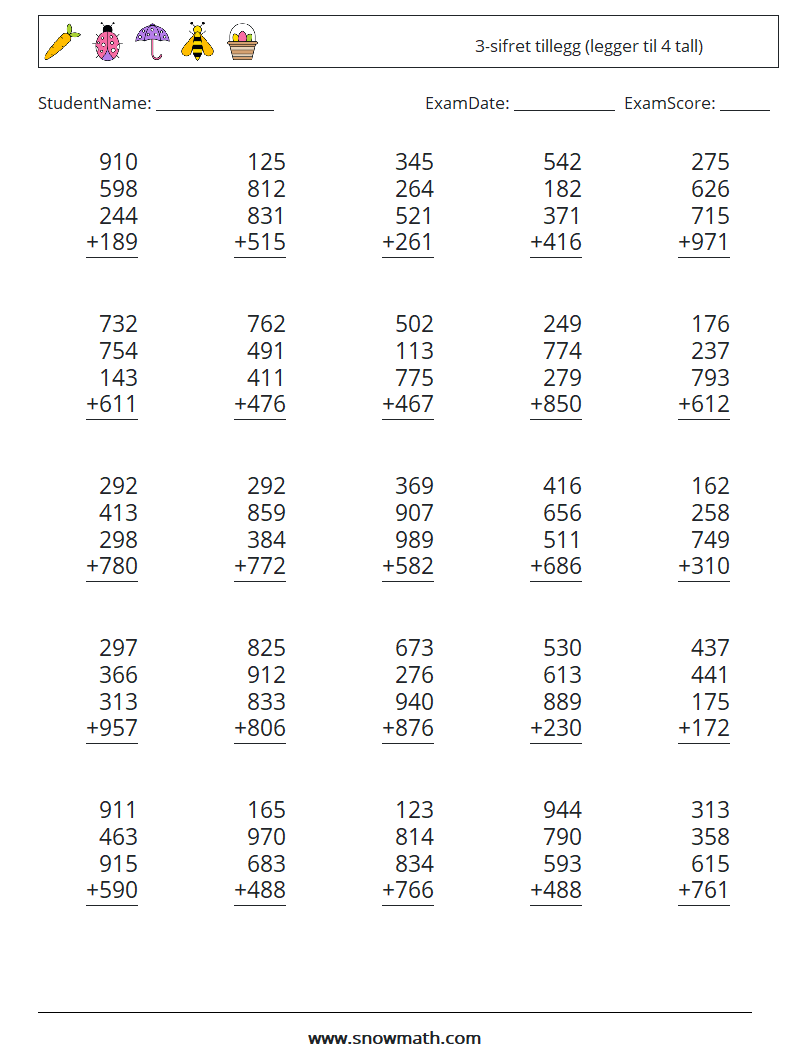 (25) 3-sifret tillegg (legger til 4 tall) MathWorksheets 1