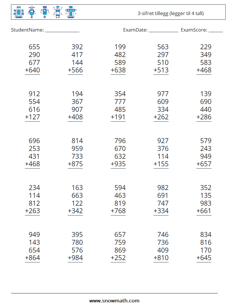 (25) 3-sifret tillegg (legger til 4 tall) MathWorksheets 10