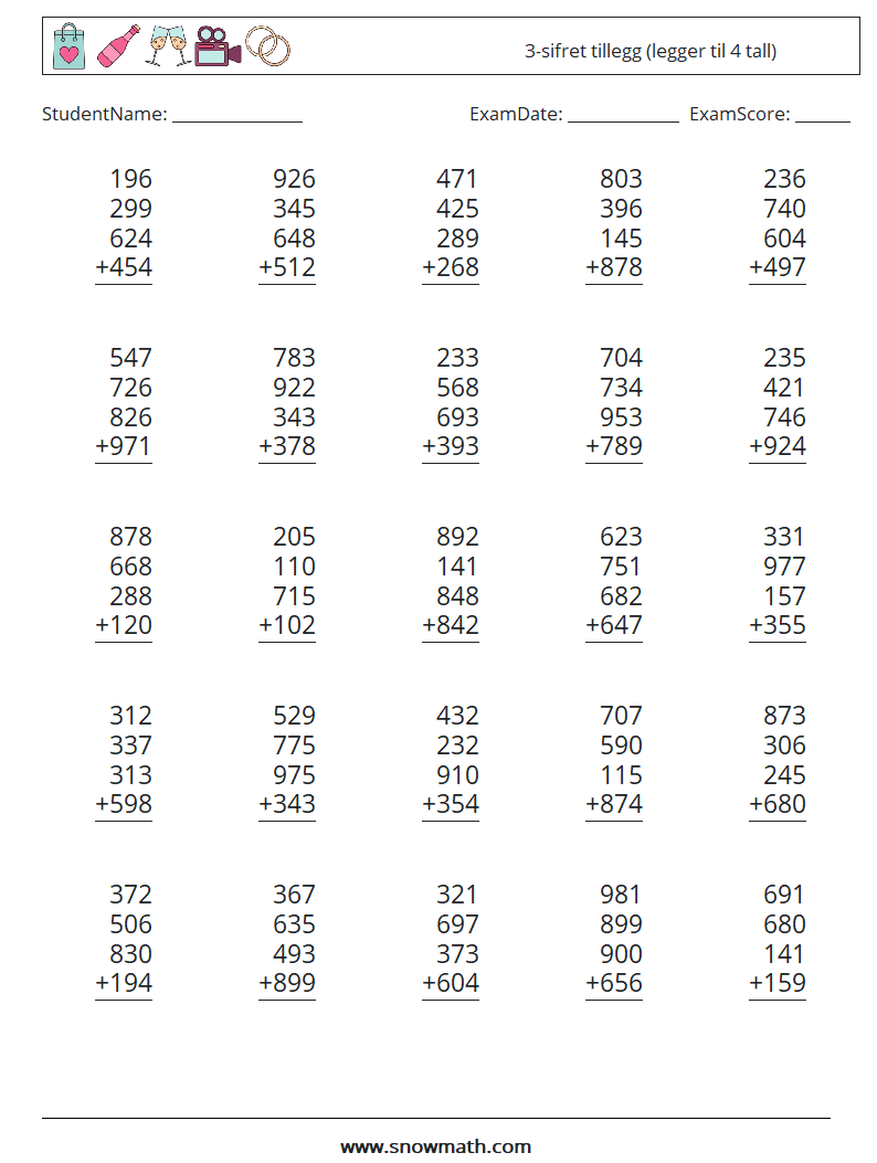 (25) 3-sifret tillegg (legger til 4 tall) MathWorksheets 11