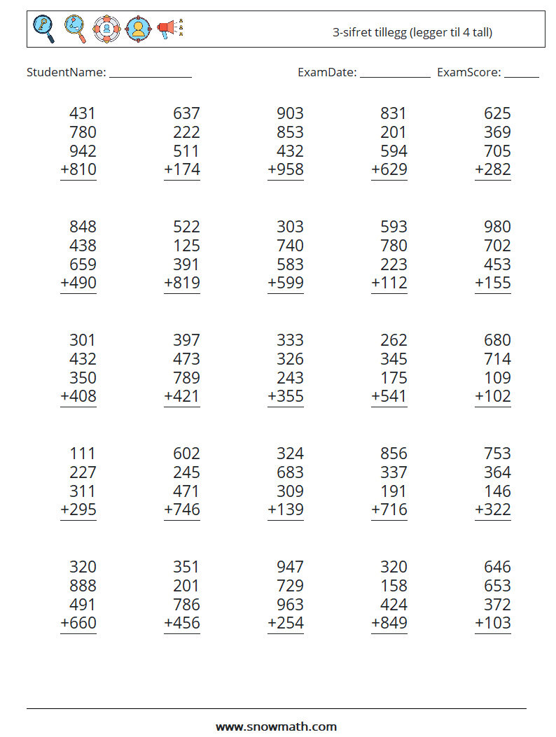 (25) 3-sifret tillegg (legger til 4 tall) MathWorksheets 12