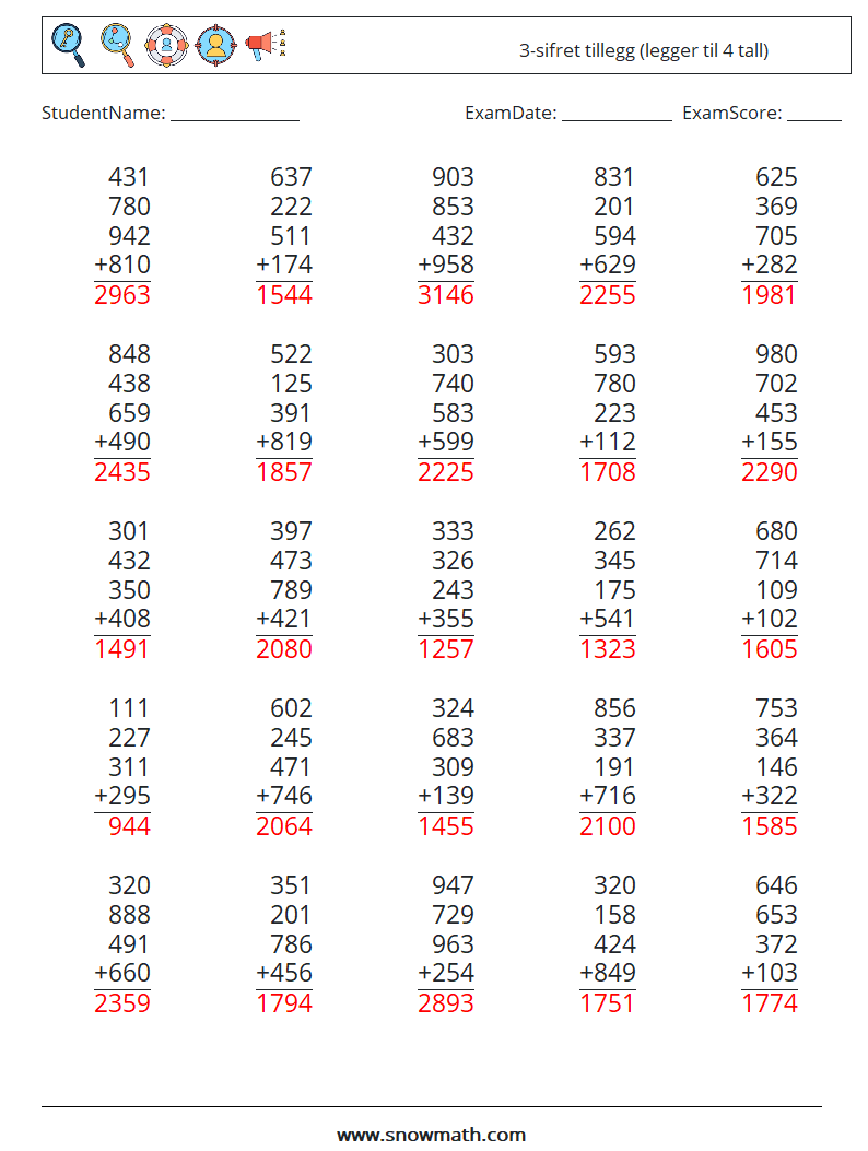 (25) 3-sifret tillegg (legger til 4 tall) MathWorksheets 12 QuestionAnswer