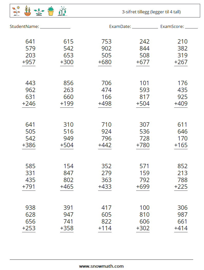 (25) 3-sifret tillegg (legger til 4 tall) MathWorksheets 13