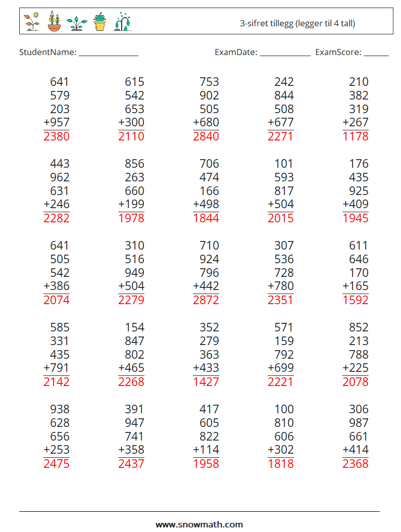 (25) 3-sifret tillegg (legger til 4 tall) MathWorksheets 13 QuestionAnswer