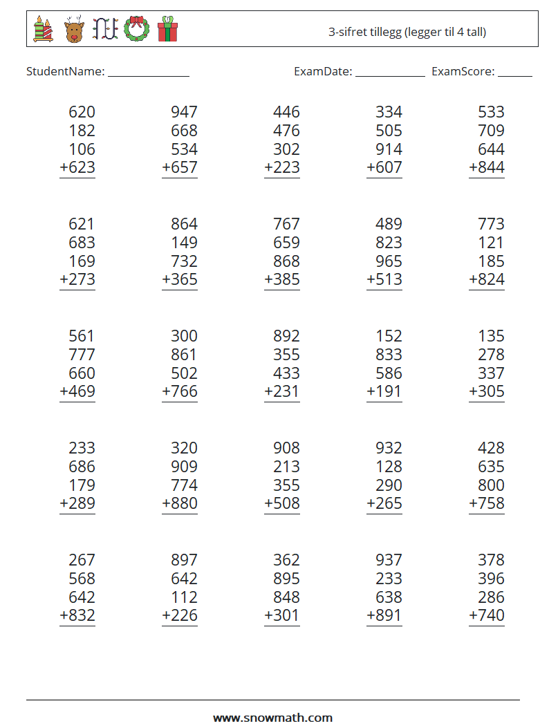 (25) 3-sifret tillegg (legger til 4 tall) MathWorksheets 14