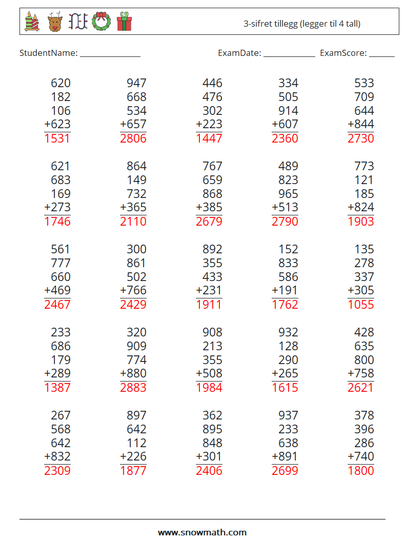 (25) 3-sifret tillegg (legger til 4 tall) MathWorksheets 14 QuestionAnswer