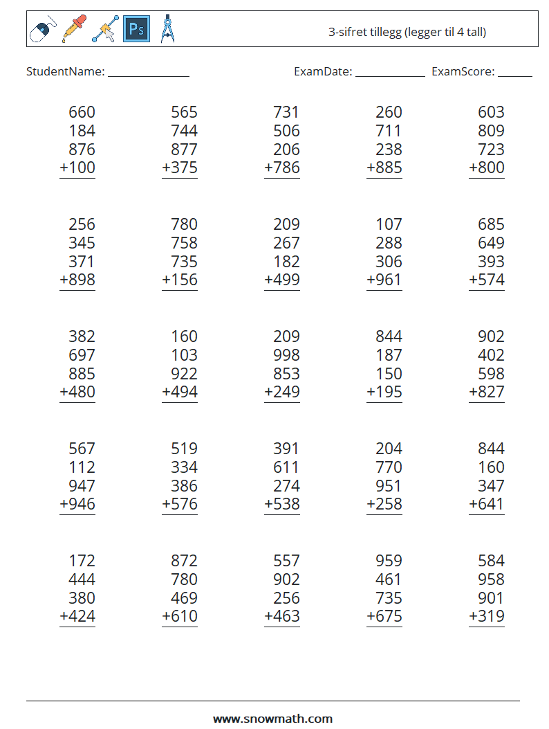 (25) 3-sifret tillegg (legger til 4 tall) MathWorksheets 15