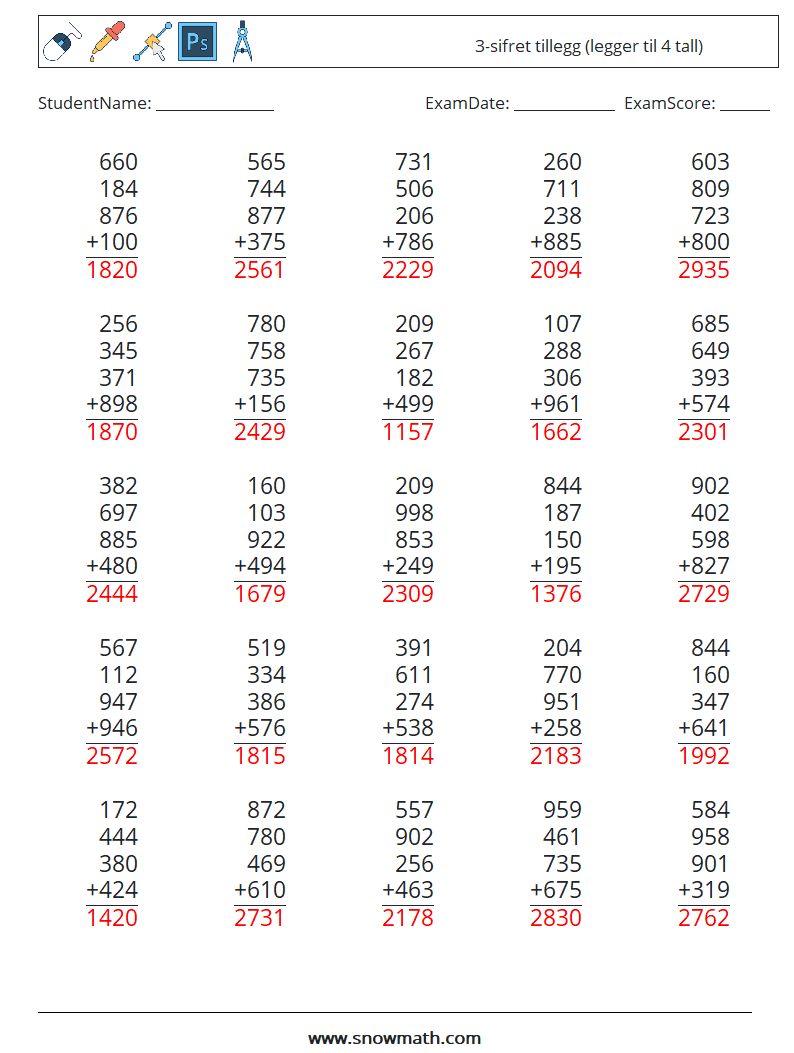 (25) 3-sifret tillegg (legger til 4 tall) MathWorksheets 15 QuestionAnswer