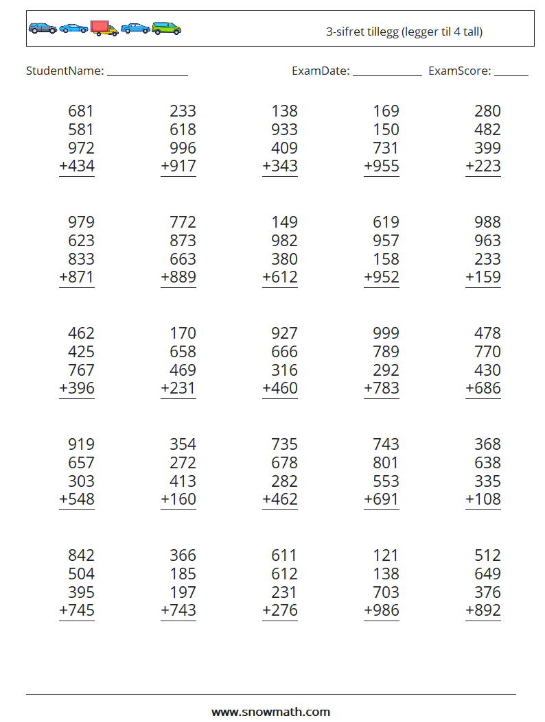 (25) 3-sifret tillegg (legger til 4 tall) MathWorksheets 16
