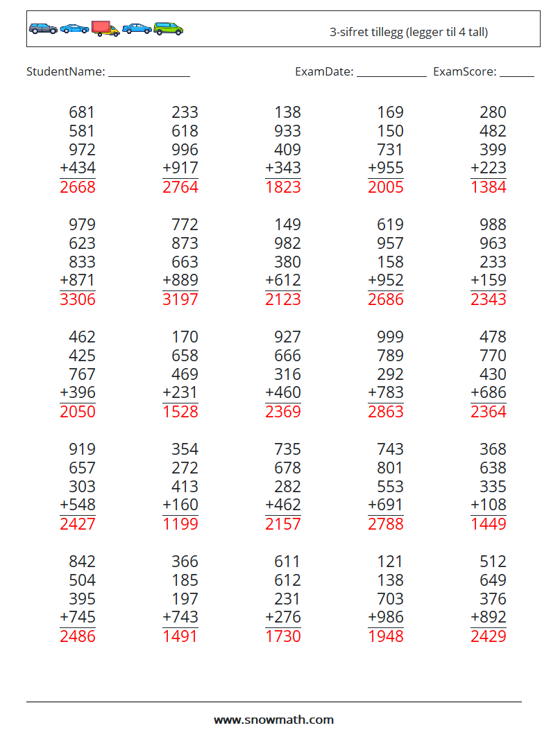 (25) 3-sifret tillegg (legger til 4 tall) MathWorksheets 16 QuestionAnswer