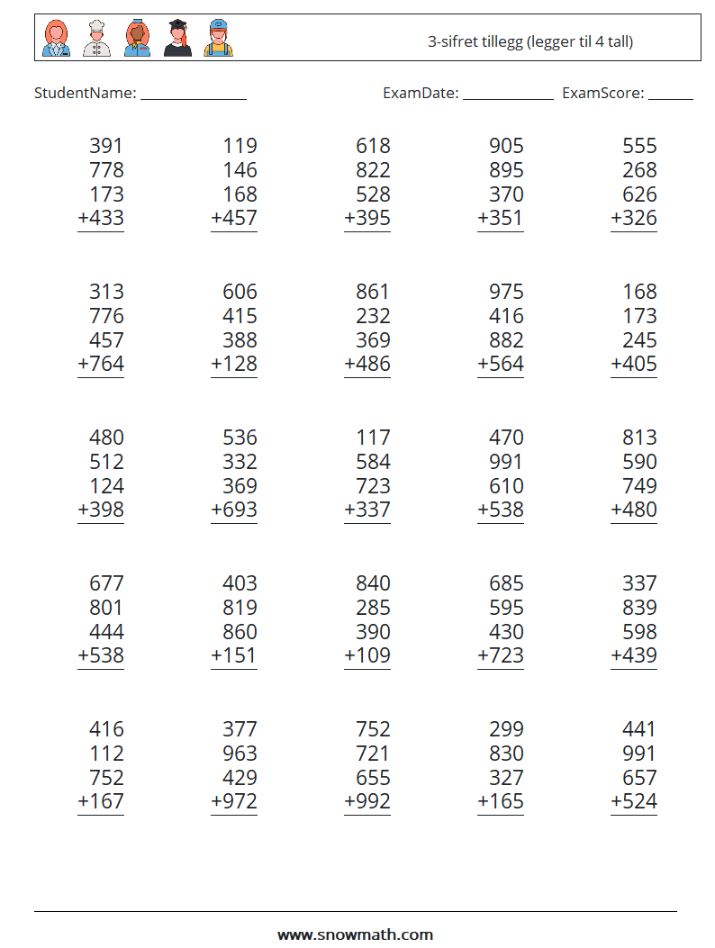 (25) 3-sifret tillegg (legger til 4 tall) MathWorksheets 17