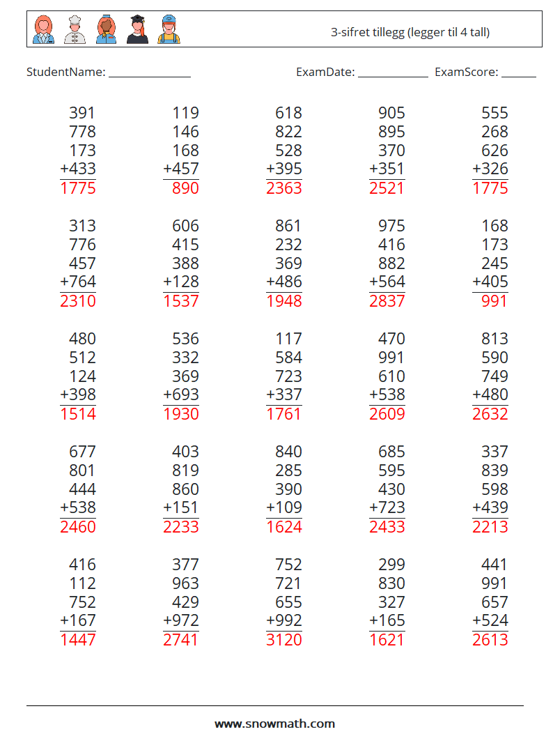 (25) 3-sifret tillegg (legger til 4 tall) MathWorksheets 17 QuestionAnswer