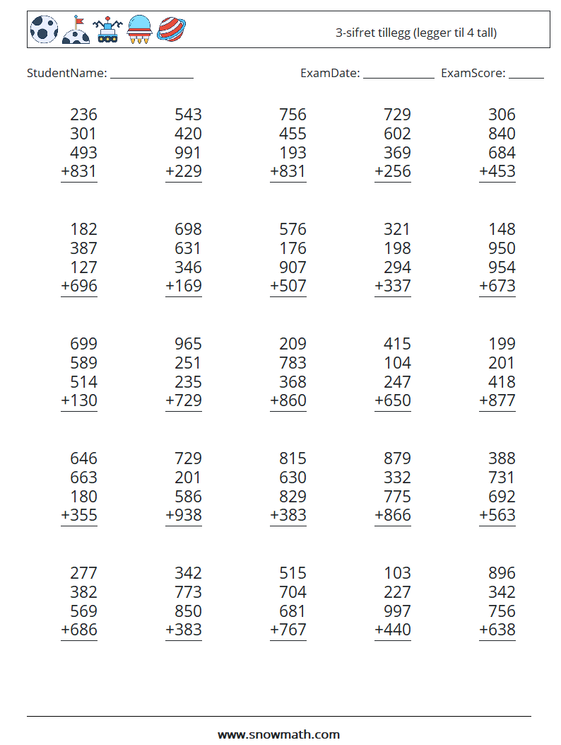 (25) 3-sifret tillegg (legger til 4 tall) MathWorksheets 18