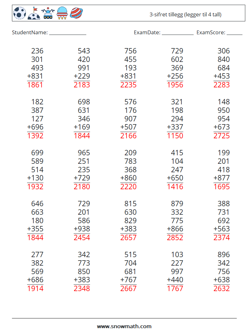 (25) 3-sifret tillegg (legger til 4 tall) MathWorksheets 18 QuestionAnswer