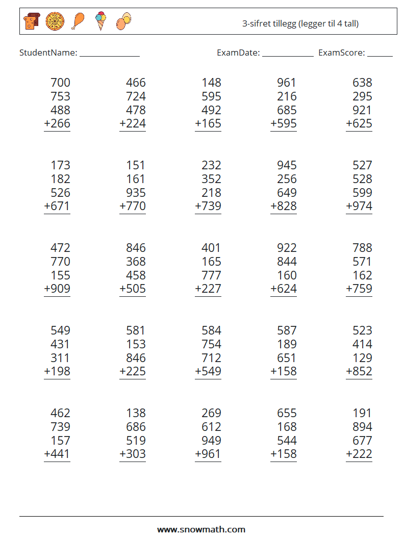 (25) 3-sifret tillegg (legger til 4 tall) MathWorksheets 2