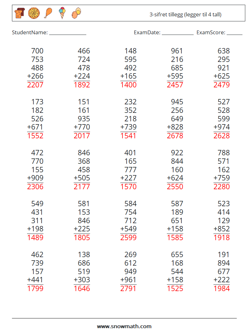 (25) 3-sifret tillegg (legger til 4 tall) MathWorksheets 2 QuestionAnswer