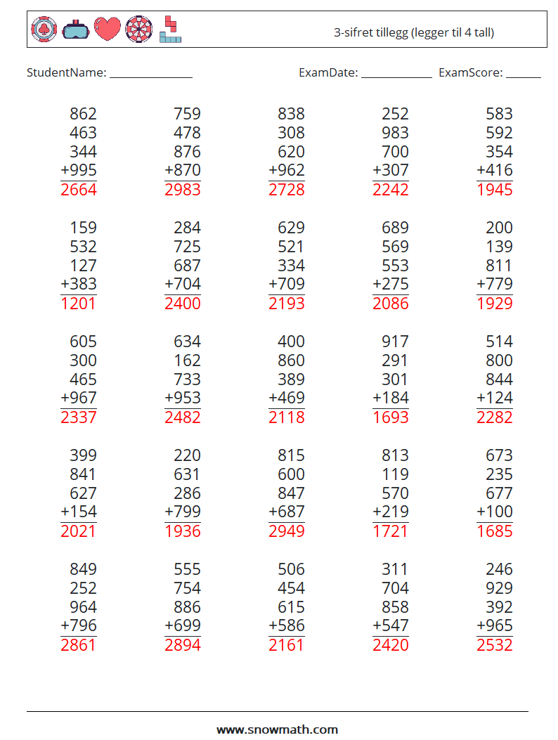 (25) 3-sifret tillegg (legger til 4 tall) MathWorksheets 3 QuestionAnswer