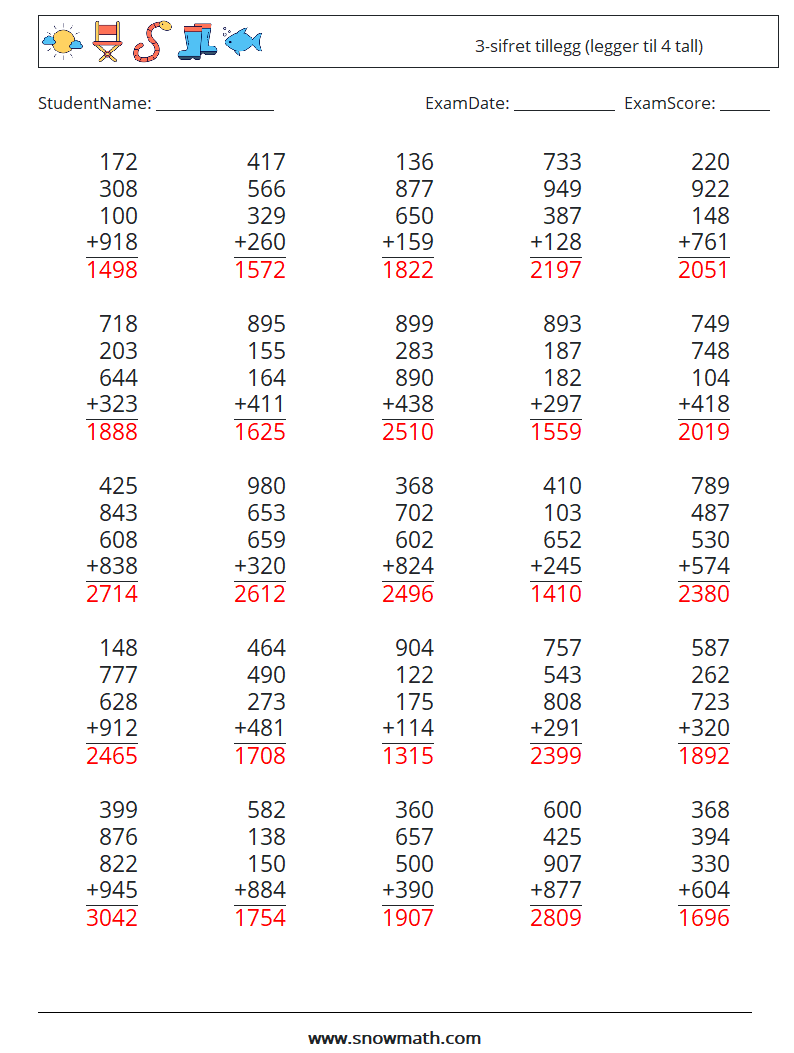 (25) 3-sifret tillegg (legger til 4 tall) MathWorksheets 4 QuestionAnswer