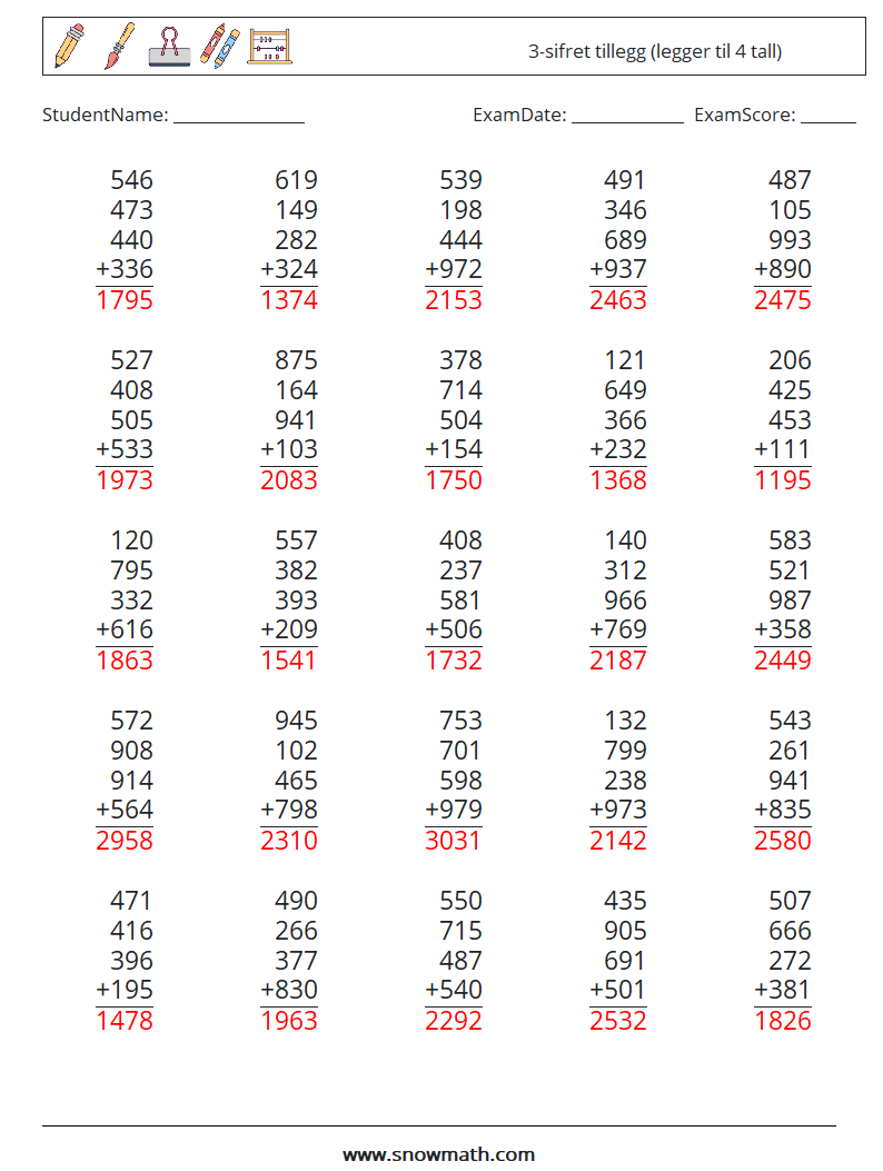 (25) 3-sifret tillegg (legger til 4 tall) MathWorksheets 5 QuestionAnswer