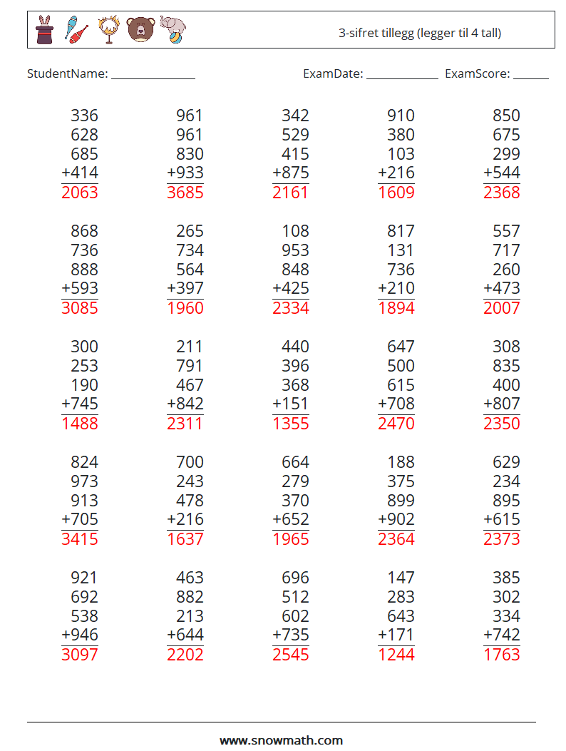 (25) 3-sifret tillegg (legger til 4 tall) MathWorksheets 6 QuestionAnswer